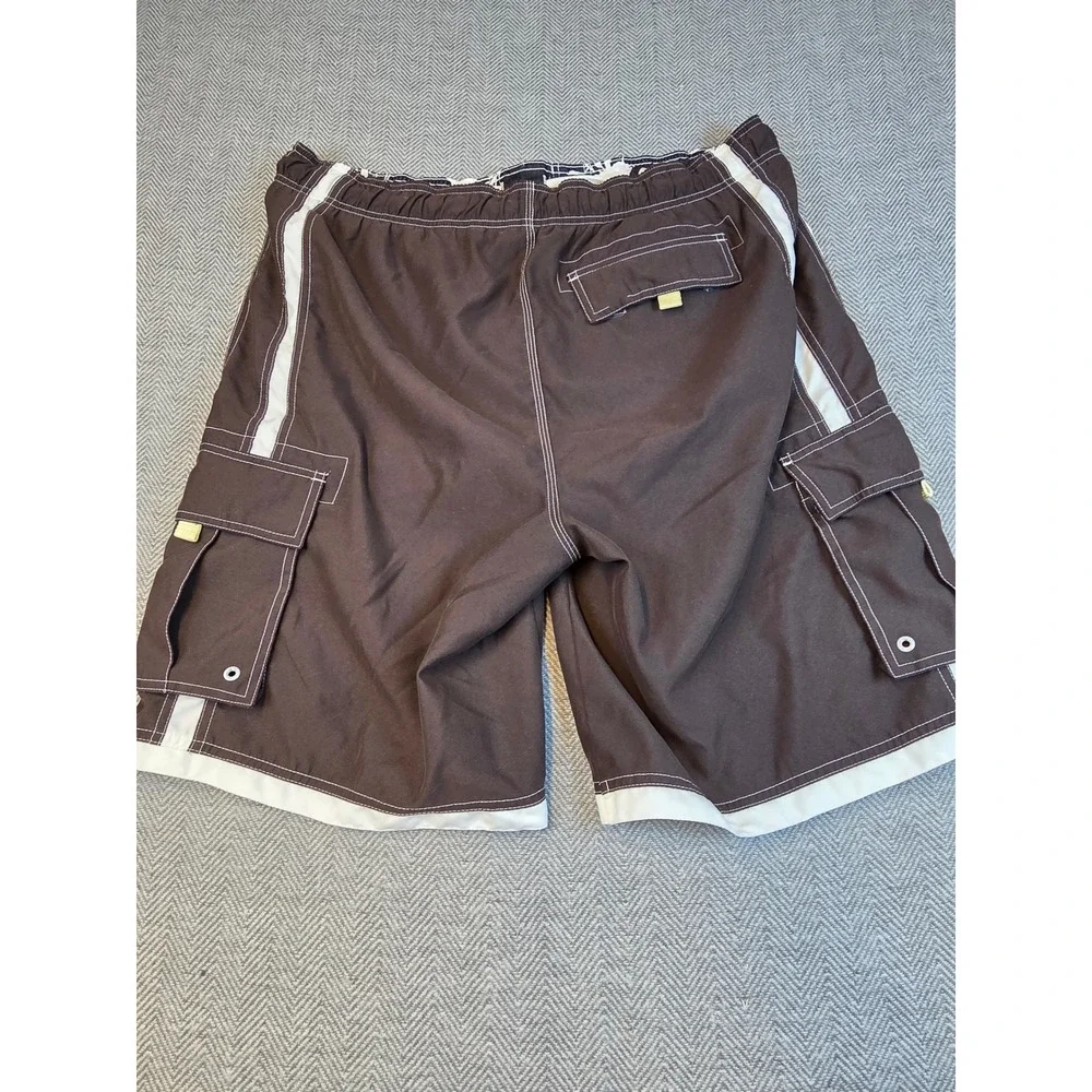 Tony Hawk Mens XL Brown White Side Stripe Cargo Board Shorts Swim Trunks Mesh